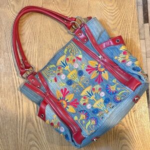 SHARIF denim and leather embroidered shoulder bag